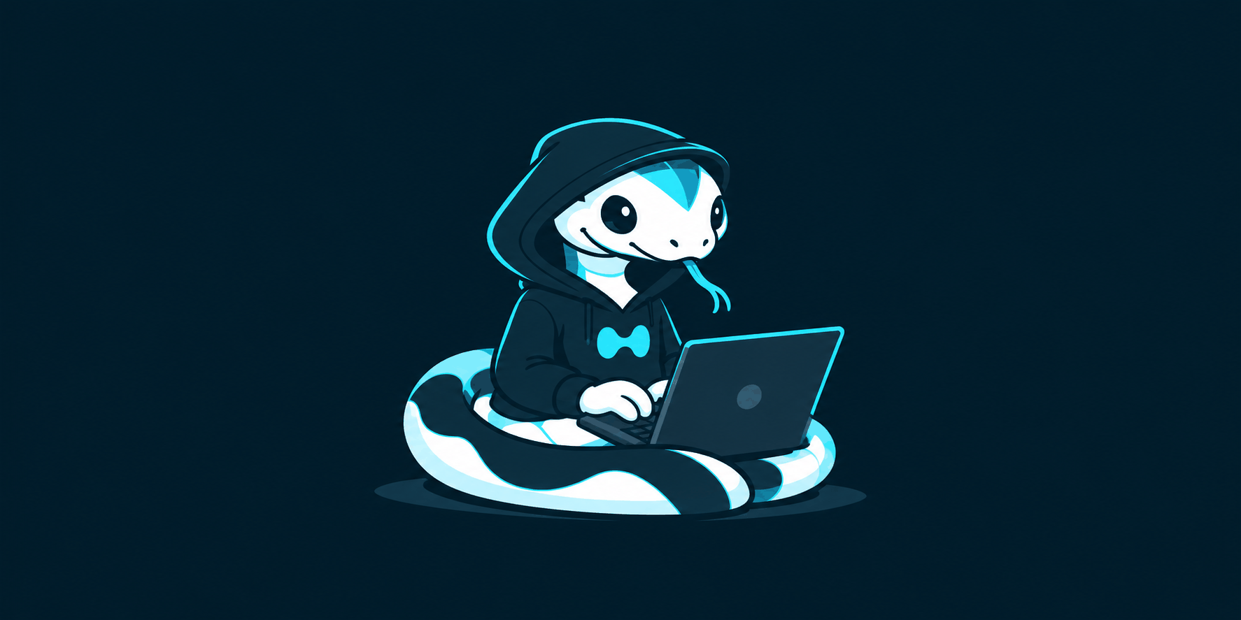 A cartoon snake in a hoodie codes on a laptop